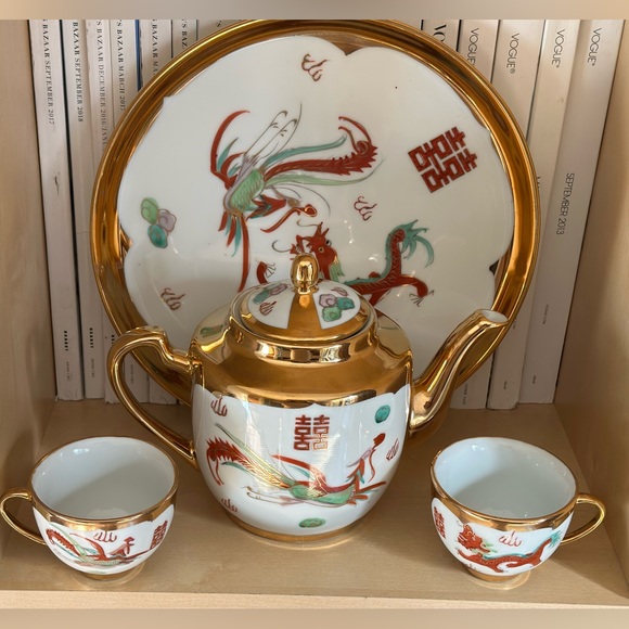 Vintage Chinese porcelain tea set dragon phoenix gold plated - Picture 1 of 14